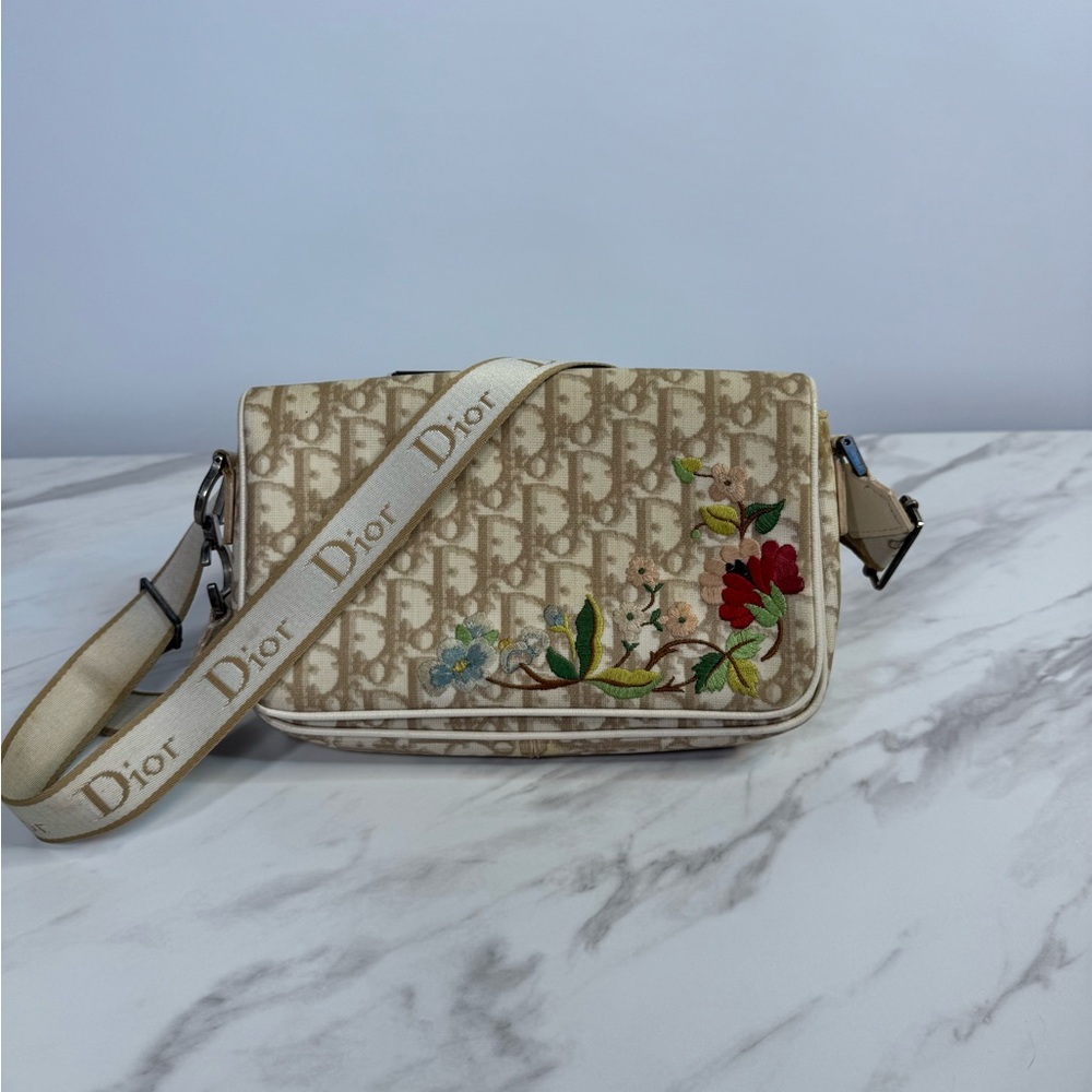 Dior Vintage Trotter Embroidered Flowers Messenger Bag